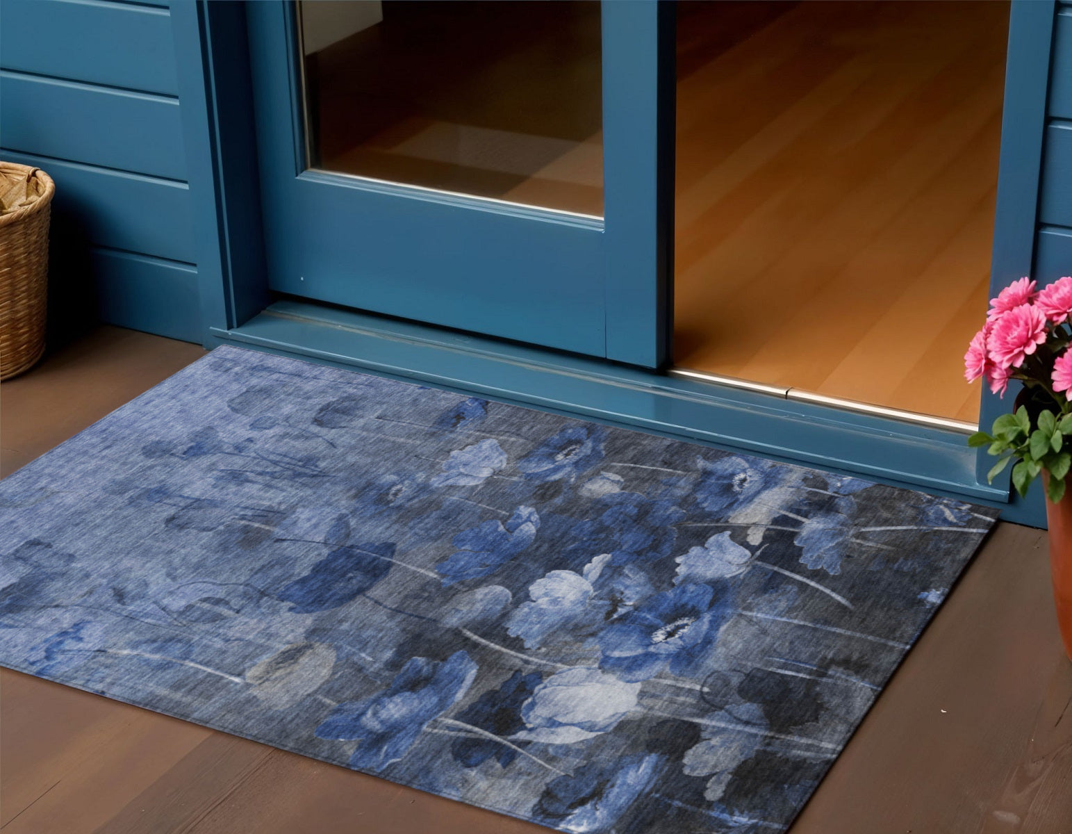 3 X 5 Navy Blue And Denim Blue Floral Washable Indoor Outdoor Area Rug