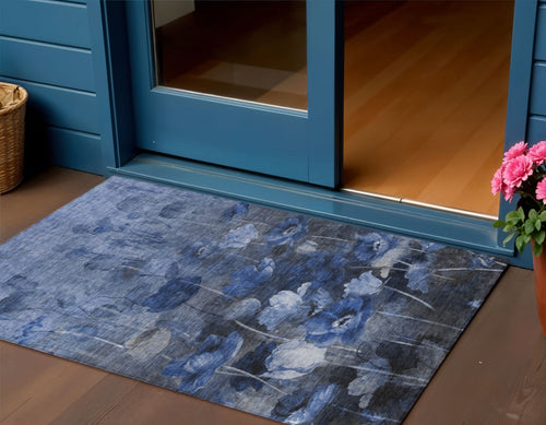 3 X 5 Navy Blue And Denim Blue Floral Washable Indoor Outdoor Area Rug
