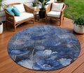 8 Navy Blue And Denim Blue Round Floral Washable Indoor Outdoor Area Rug