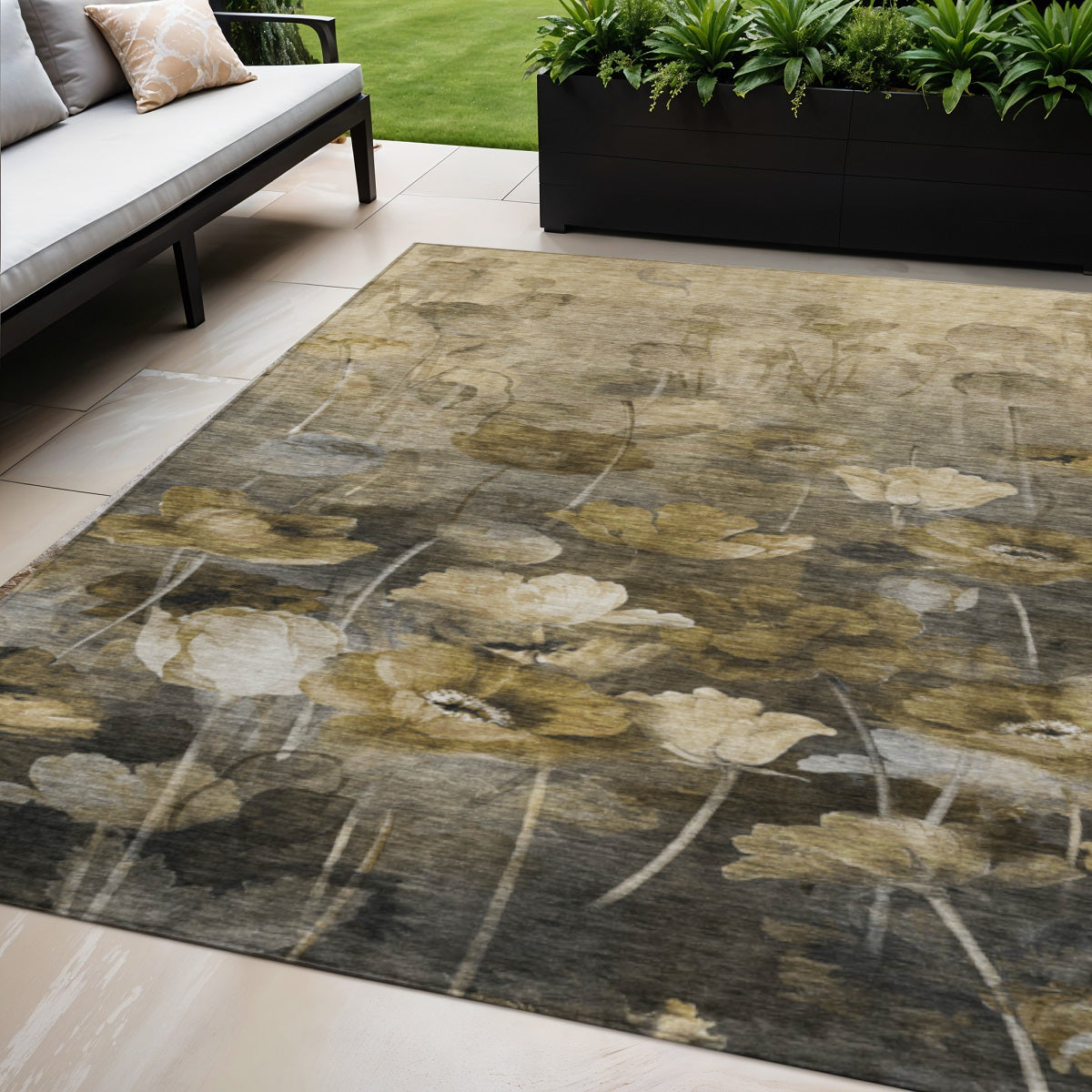 5 X 8 Taupe Beige And Tan Floral Washable Indoor Outdoor Area Rug