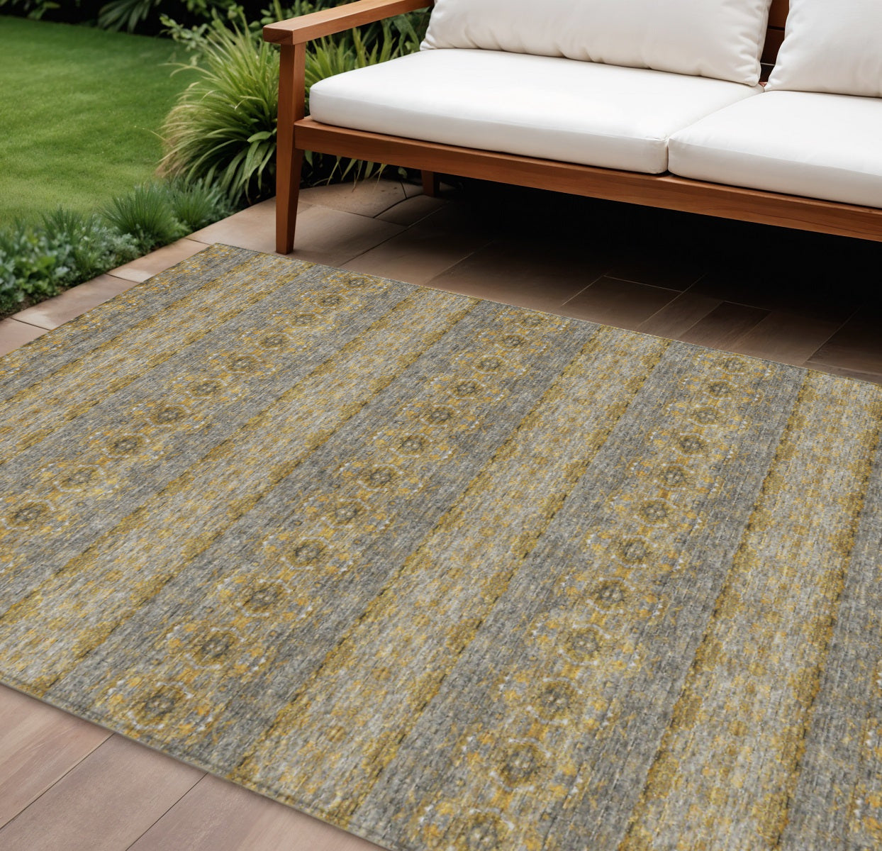 9 X 12 Gold Gray And Silver Floral Medallion Washable Indoor Outdoor Area Rug