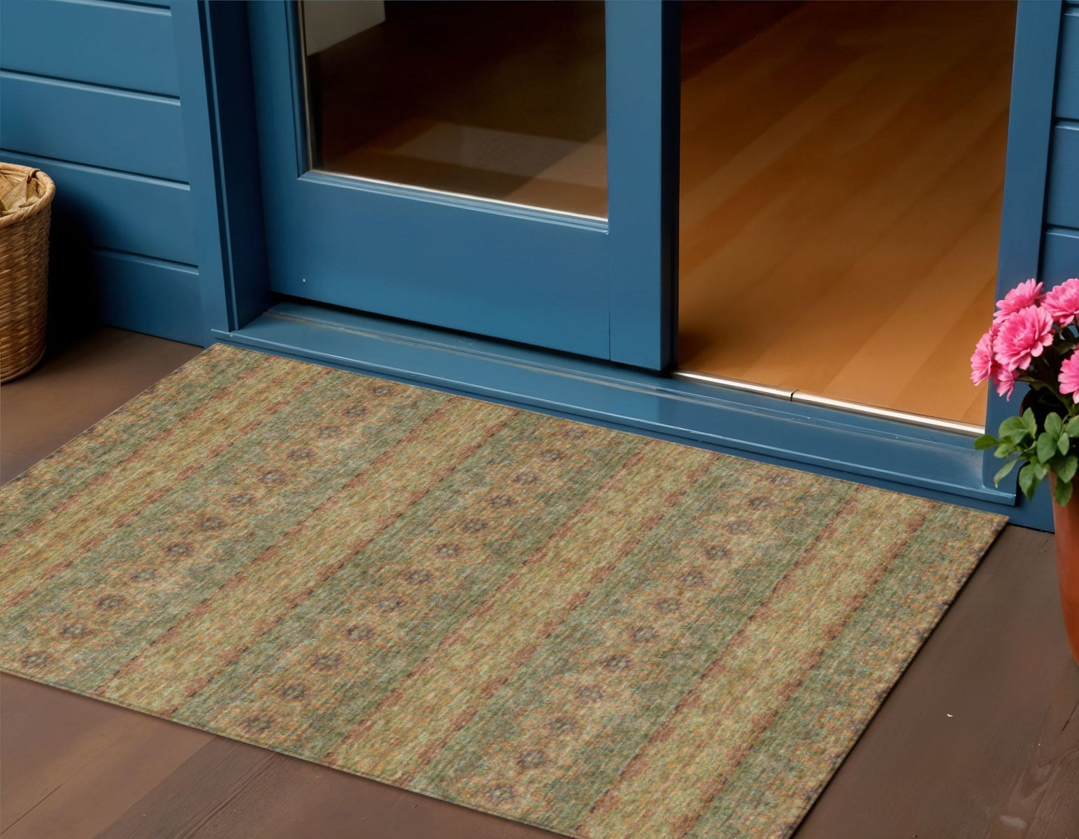 3 X 5 Artichoke Green And Olive Green Floral Medallion Washable Indoor Outdoor Area Rug