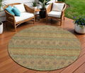 8 Artichoke Green And Olive Green Round Floral Medallion Washable Indoor Outdoor Area Rug