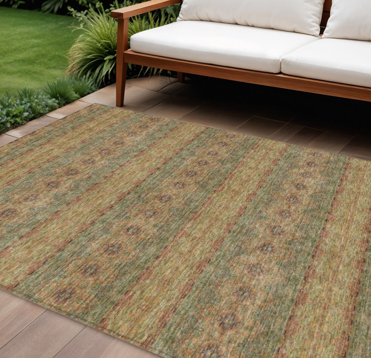 10 X 14 Artichoke Green And Olive Green Floral Medallion Washable Indoor Outdoor Area Rug