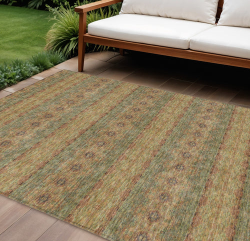 10 X 14 Artichoke Green And Olive Green Floral Medallion Washable Indoor Outdoor Area Rug