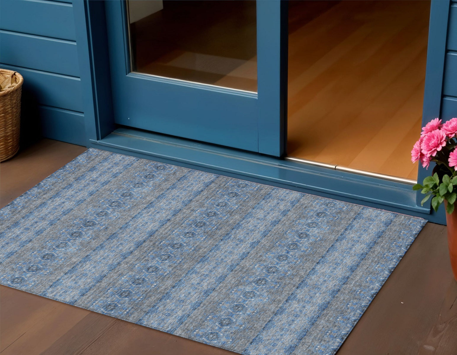 3 X 5 Navy Blue And Sky Blue Floral Medallion Washable Indoor Outdoor Area Rug