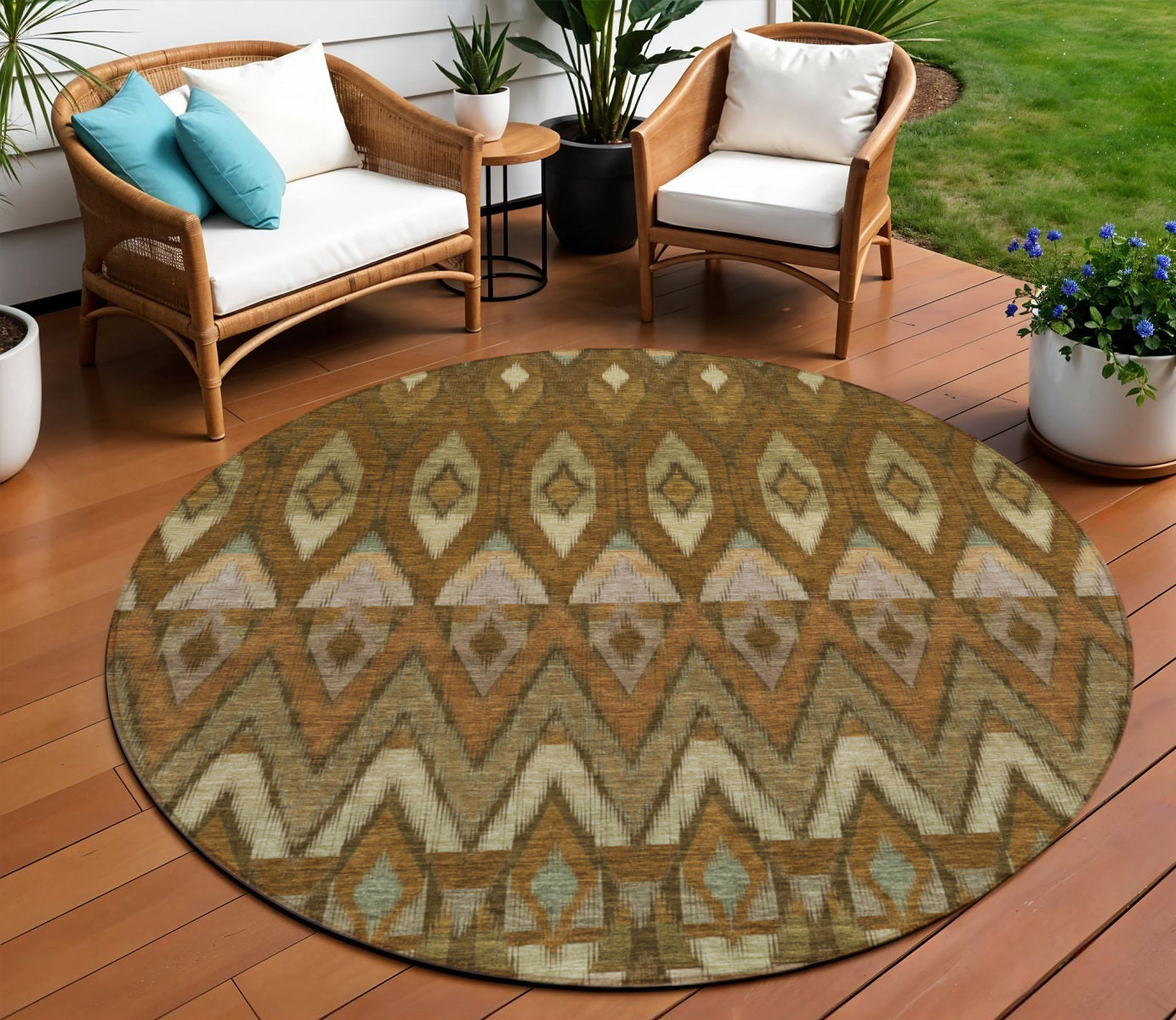 8 Brown Beige And Artichoke Green Round Southwestern Washable Indoor Outdoor Area Rug