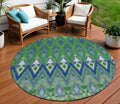 8 Green And Blue Round Southwestern Washable Indoor Outdoor Area Rug
