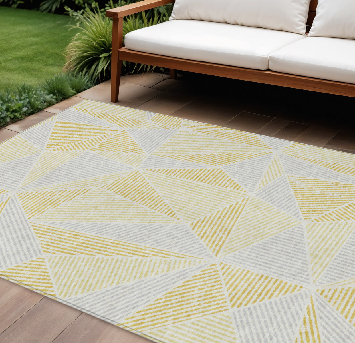 10 X 14 Gold Gray And Wheat Geometric Washable Indoor Outdoor Area Rug