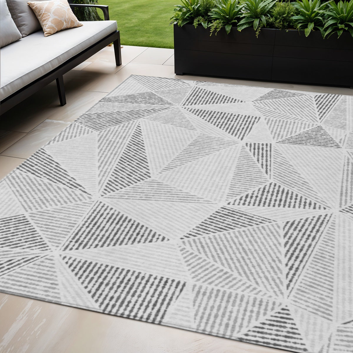5 X 8 Gray Charcoal And Silver Geometric Washable Indoor Outdoor Area Rug