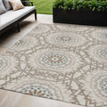 5 X 8 Beige Brown And Teal Blue Floral Medallion Washable Indoor Outdoor Area Rug