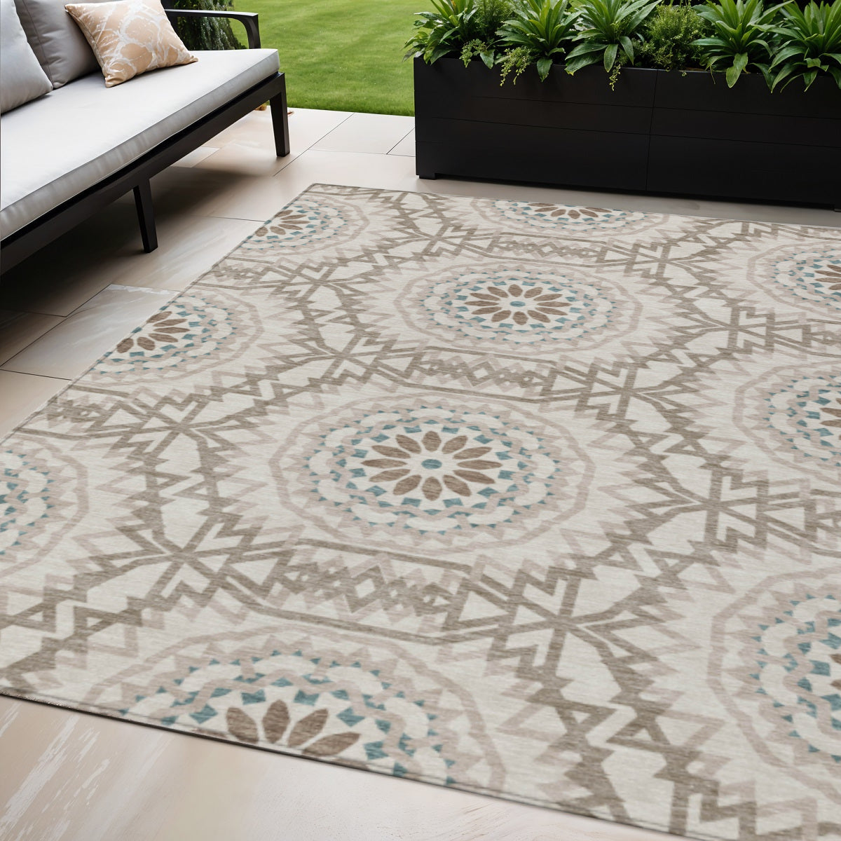 5 X 8 Beige Brown And Teal Blue Floral Medallion Washable Indoor Outdoor Area Rug