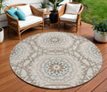 8 Beige Brown And Teal Blue Round Floral Medallion Washable Indoor Outdoor Area Rug