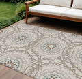 10 X 14 Beige Brown And Teal Blue Floral Medallion Washable Indoor Outdoor Area Rug