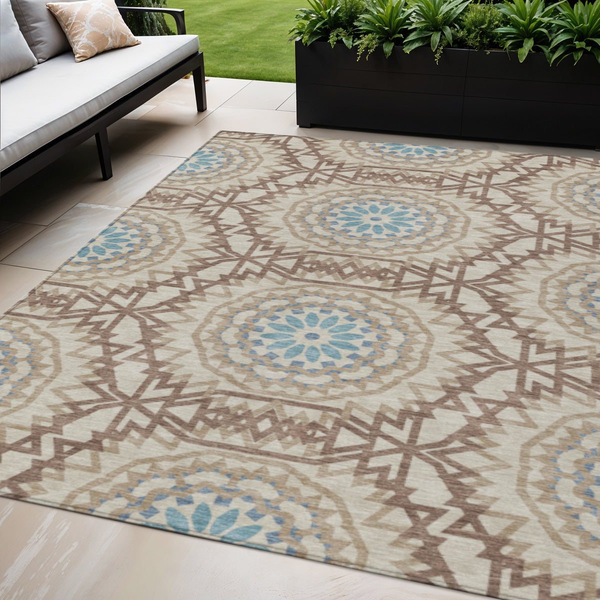 5 X 8 Khaki Brown And Taupe Floral Medallion Washable Indoor Outdoor Area Rug