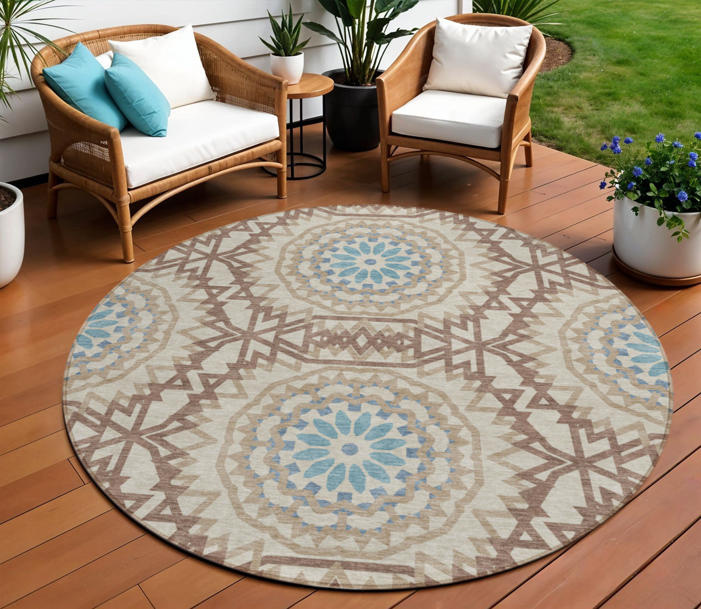 8 Khaki Brown And Taupe Round Floral Medallion Washable Indoor Outdoor Area Rug