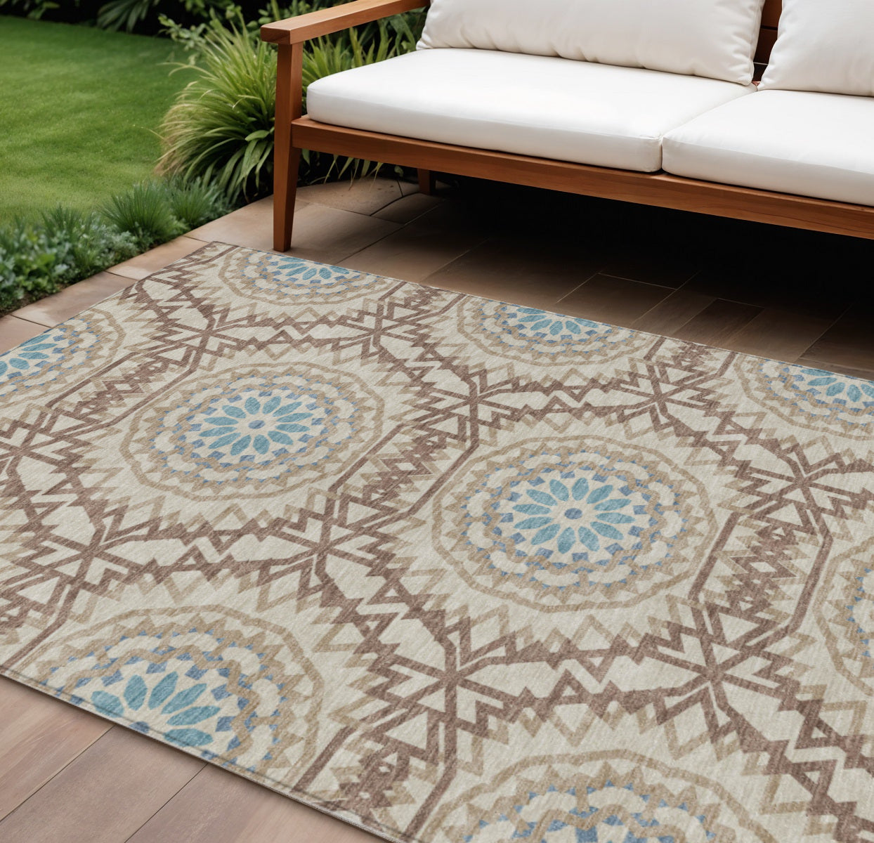 8 X 10 Khaki Brown And Taupe Floral Medallion Washable Indoor Outdoor Area Rug