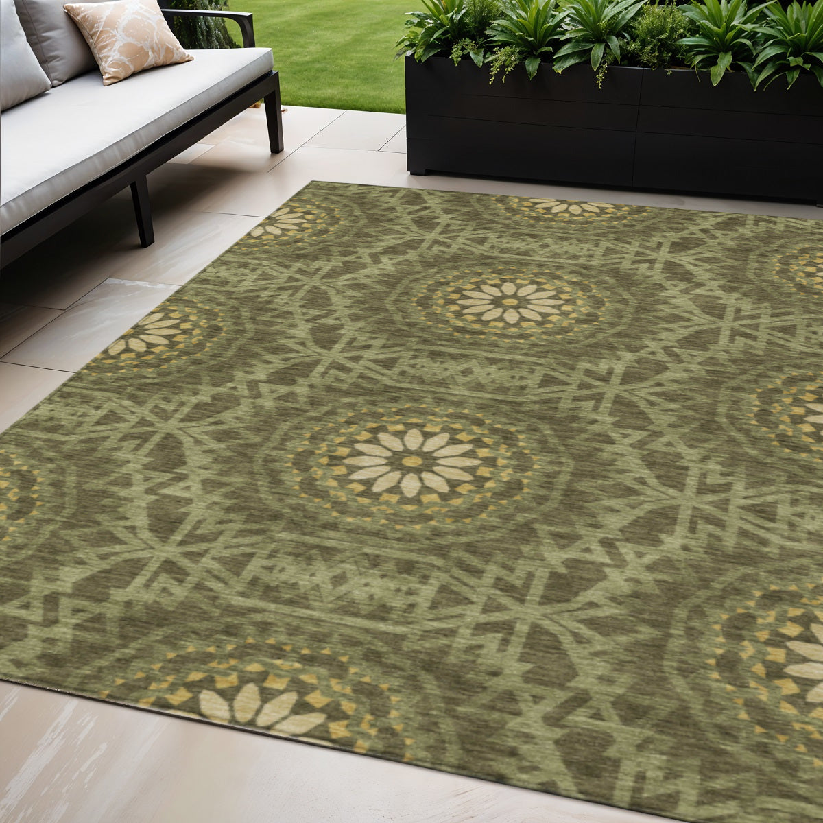 5 X 8 Olive Green Artichoke Green And Gold Floral Medallion Washable Indoor Outdoor Area Rug