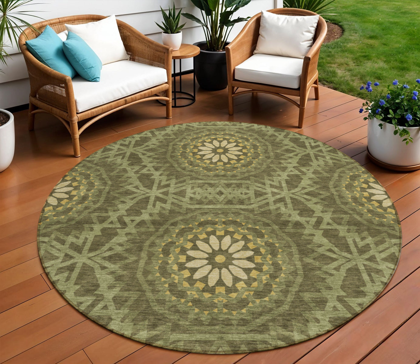 8 Olive Green Artichoke Green And Gold Round Floral Medallion Washable Indoor Outdoor Area Rug