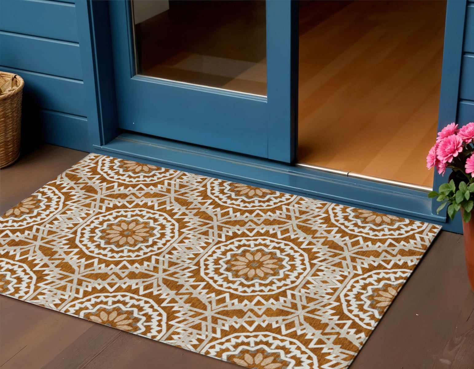 3 X 5 Orange Copper And Beige Floral Medallion Washable Indoor Outdoor Area Rug