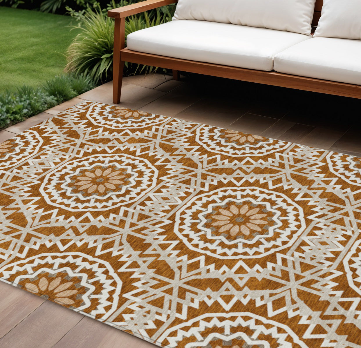 9 X 12 Orange Copper And Beige Floral Medallion Washable Indoor Outdoor Area Rug