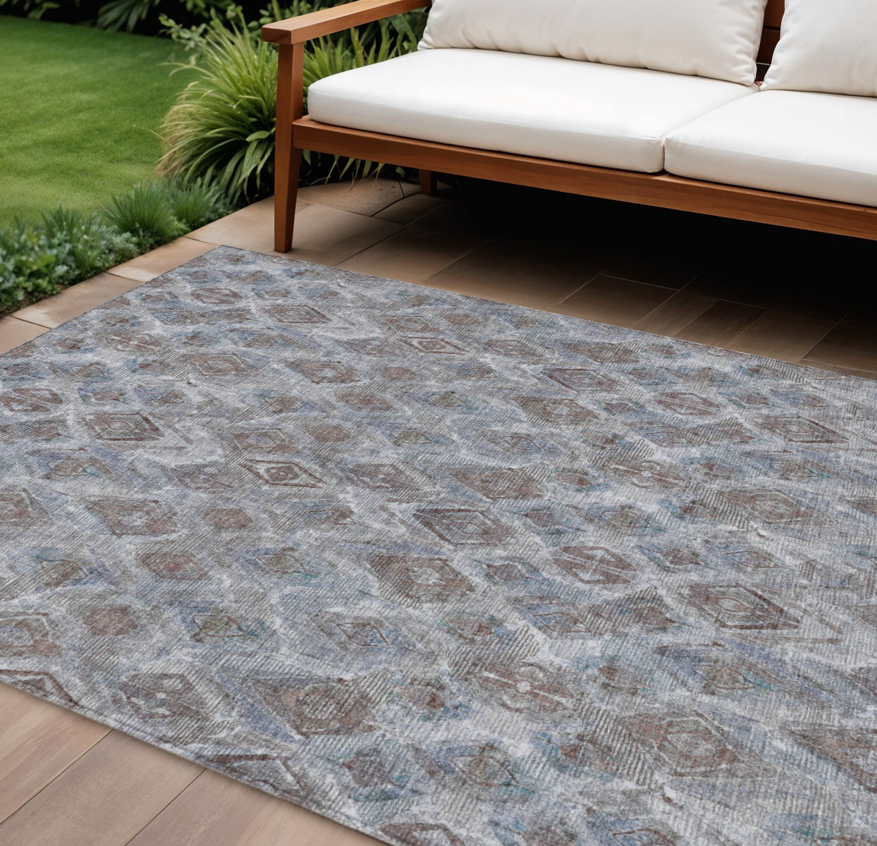 9 X 12 Sky Blue And Silver Geometric Washable Indoor Outdoor Area Rug
