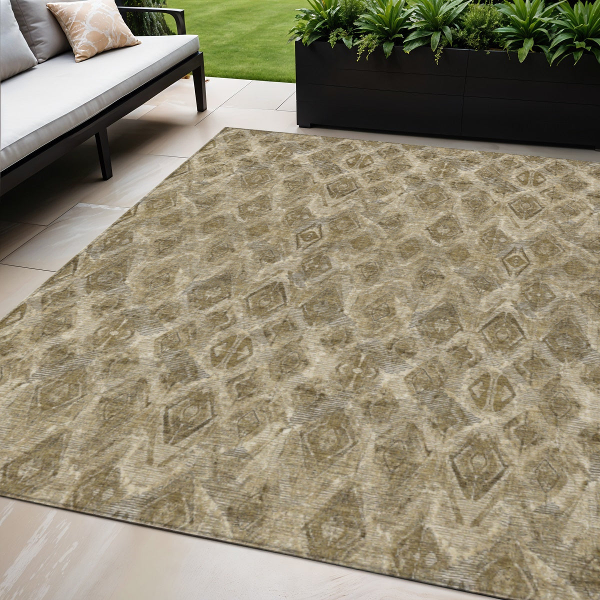 5 X 8 Brown Beige And Tan Geometric Washable Indoor Outdoor Area Rug