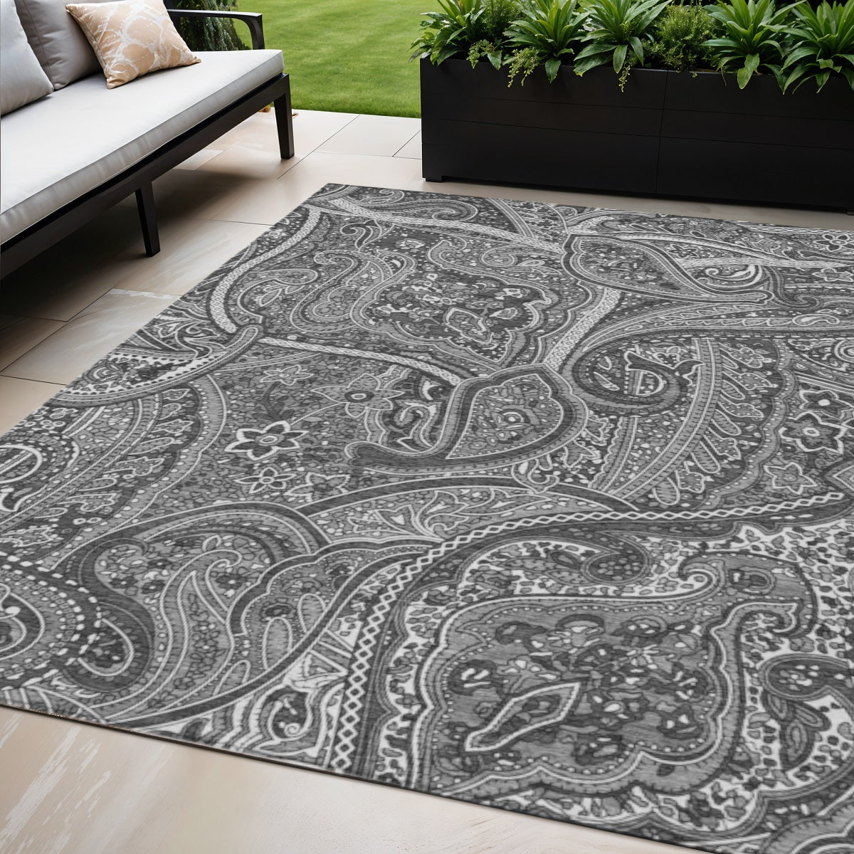5 X 8 Gray Silver And Charcoal Paisley Washable Indoor Outdoor Area Rug