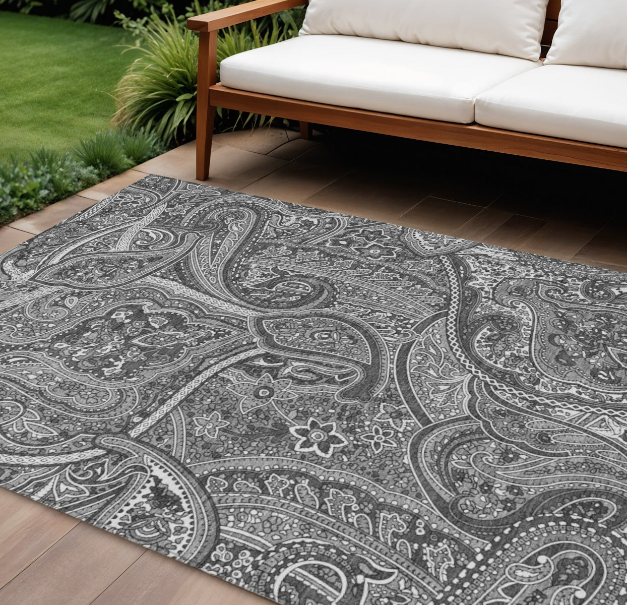 8 X 10 Gray Silver And Charcoal Paisley Washable Indoor Outdoor Area Rug