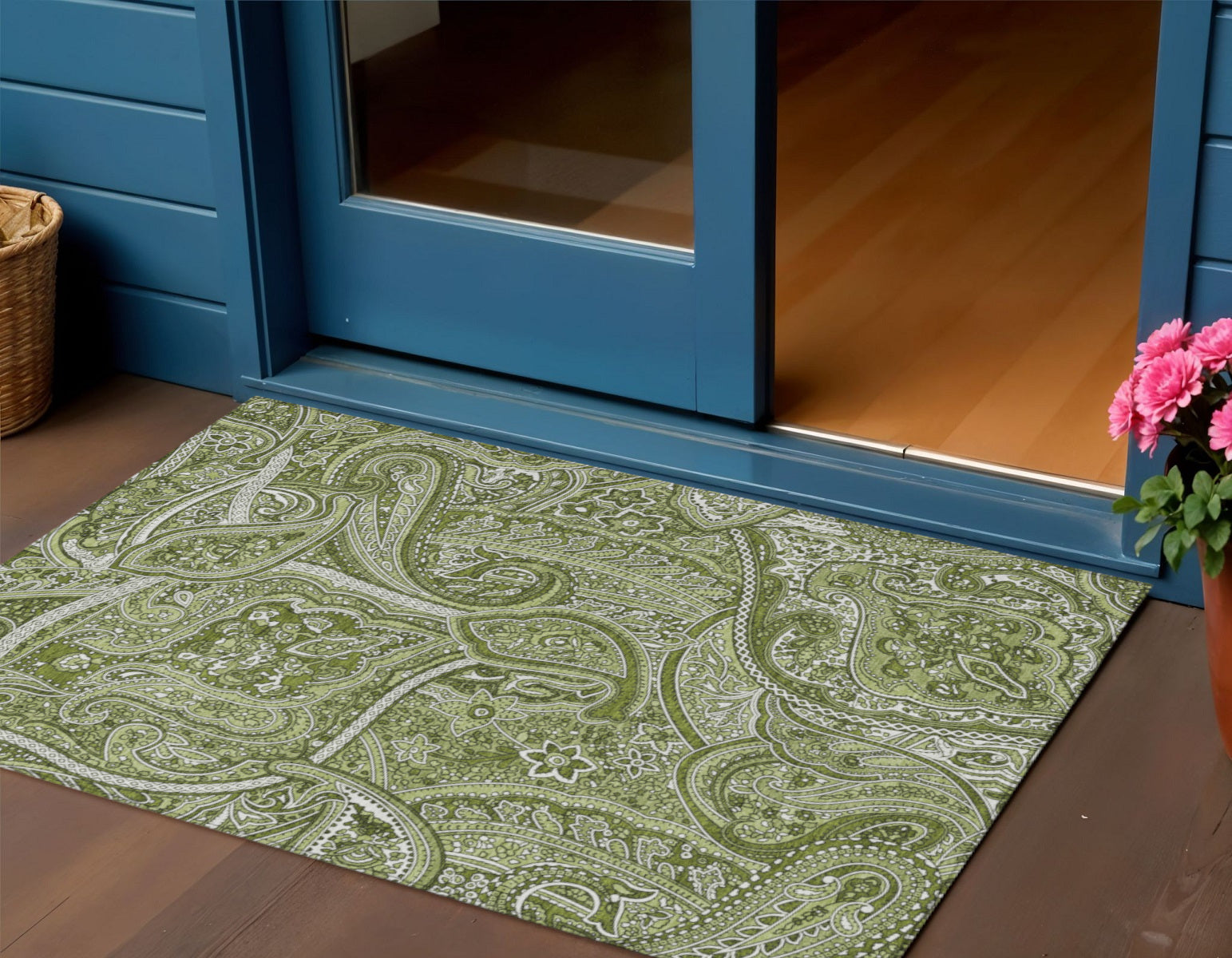 3 X 5 Artichoke Green And Olive Green Paisley Washable Indoor Outdoor Area Rug