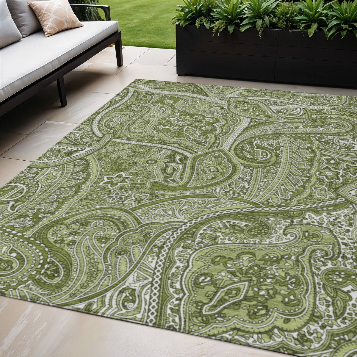 5 X 8 Artichoke Green And Olive Green Paisley Washable Indoor Outdoor Area Rug