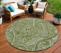8 Artichoke Green And Olive Green Round Paisley Washable Indoor Outdoor Area Rug