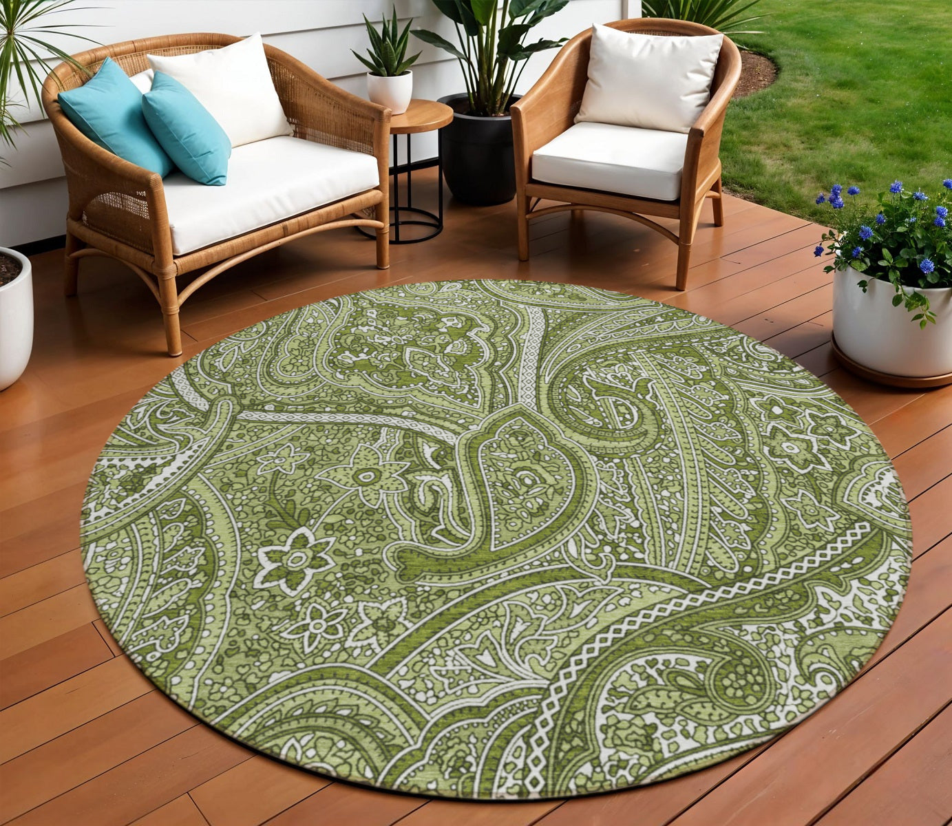 8 Artichoke Green And Olive Green Round Paisley Washable Indoor Outdoor Area Rug