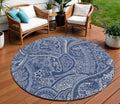 8 Navy Blue And Sky Blue Round Paisley Washable Indoor Outdoor Area Rug