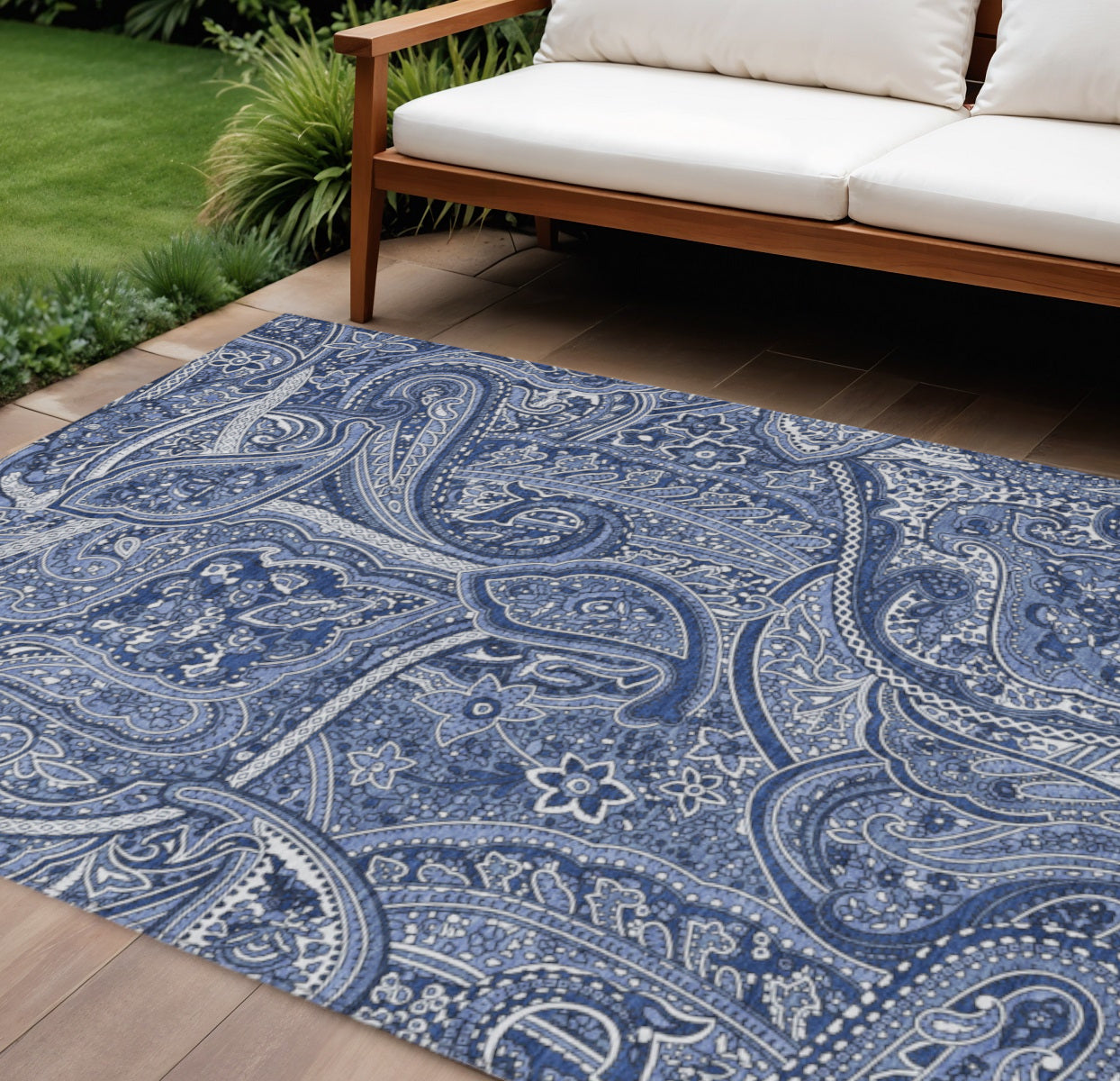 10 X 14 Navy Blue And Sky Blue Paisley Washable Indoor Outdoor Area Rug