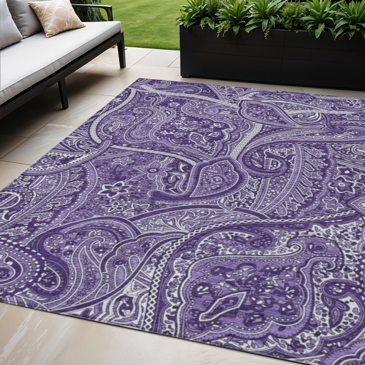 5 X 8 Purple Lavender And Silver Paisley Washable Indoor Outdoor Area Rug