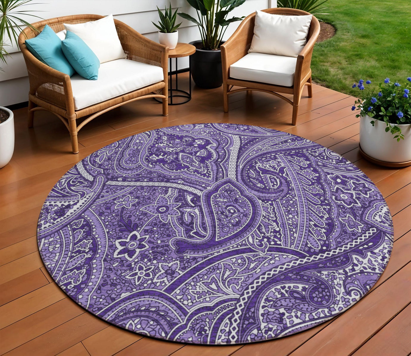 8 Purple Lavender And Silver Round Paisley Washable Indoor Outdoor Area Rug