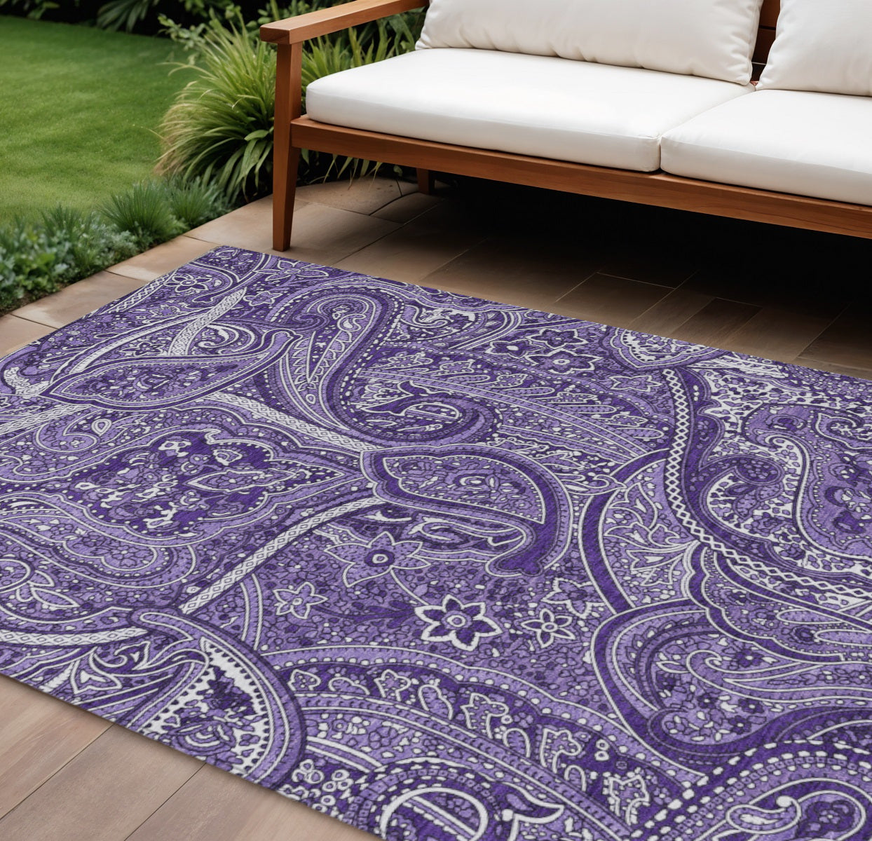 9 X 12 Purple Lavender And Silver Paisley Washable Indoor Outdoor Area Rug