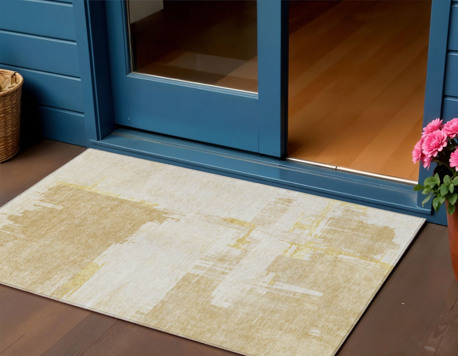 3 X 5 Beige Gold And Tan Abstract Washable Indoor Outdoor Area Rug