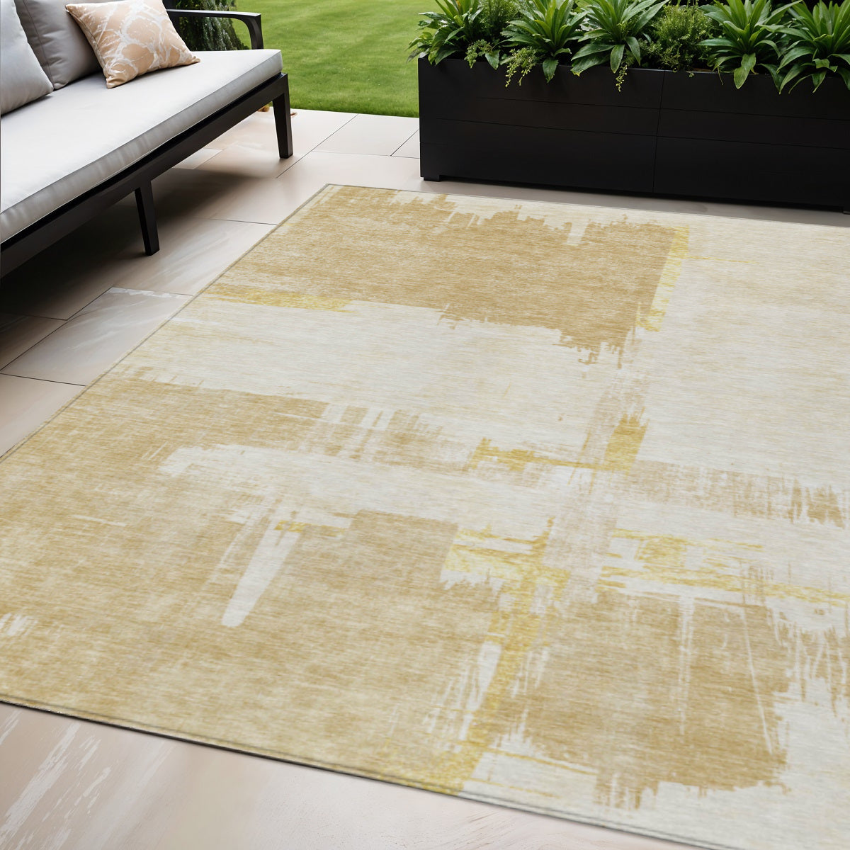 5 X 8 Beige Gold And Tan Abstract Washable Indoor Outdoor Area Rug