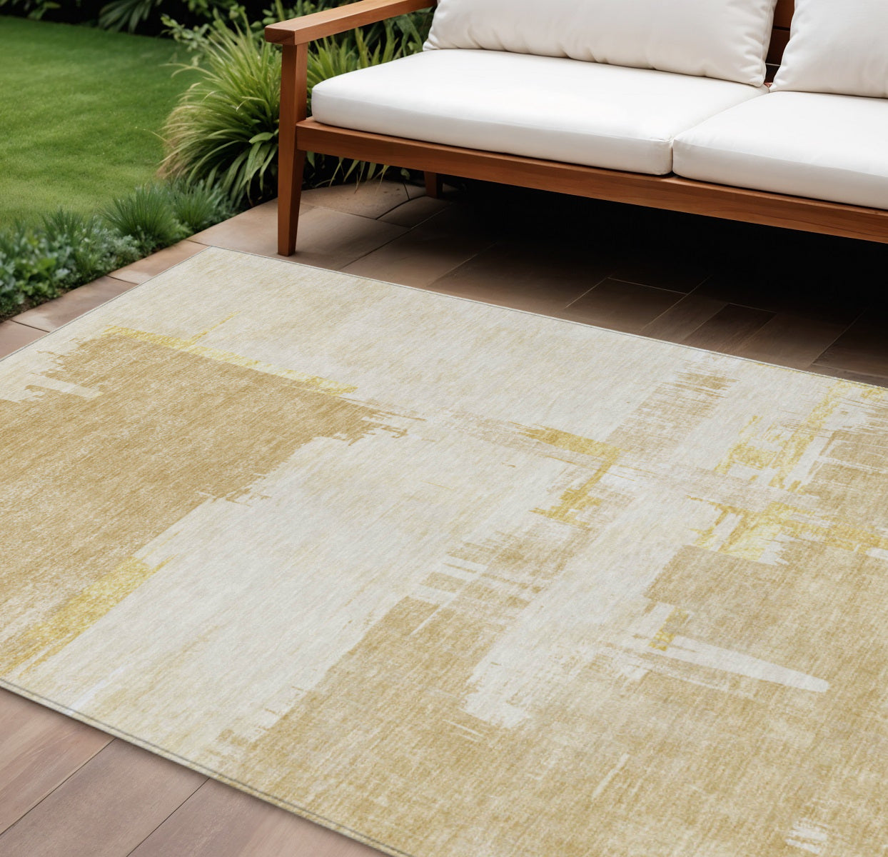 8 X 10 Beige Gold And Tan Abstract Washable Indoor Outdoor Area Rug