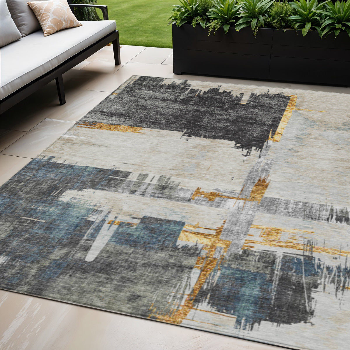 5 X 8 Charcoal Gray And Tan Abstract Washable Indoor Outdoor Area Rug