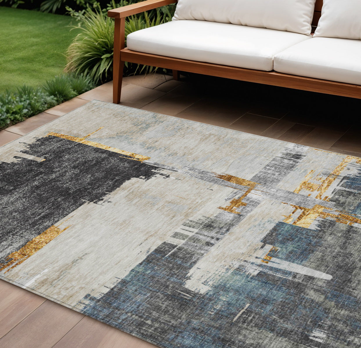 8 X 10 Charcoal Gray And Tan Abstract Washable Indoor Outdoor Area Rug
