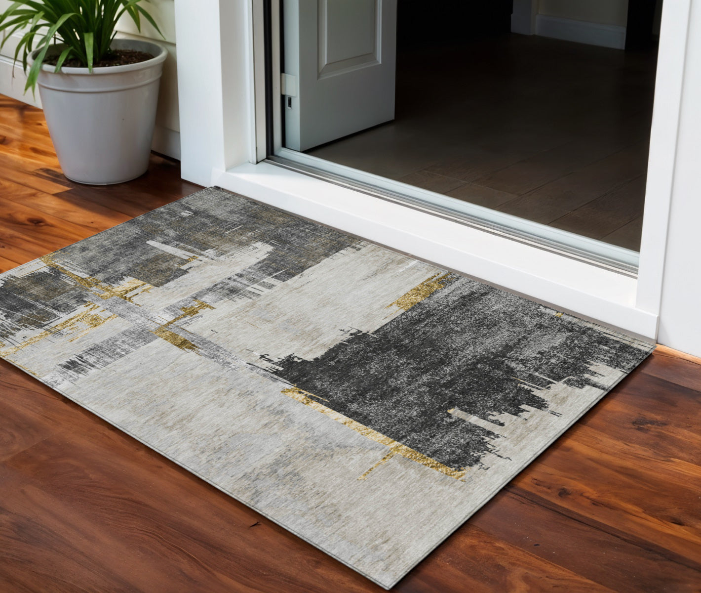 3 X 5 Gray And Tan Abstract Washable Indoor Outdoor Area Rug