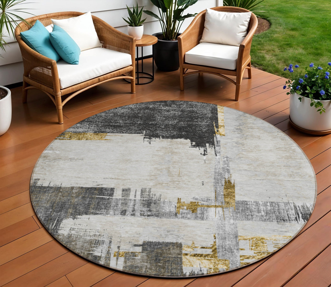8 Gray And Tan Round Abstract Washable Indoor Outdoor Area Rug