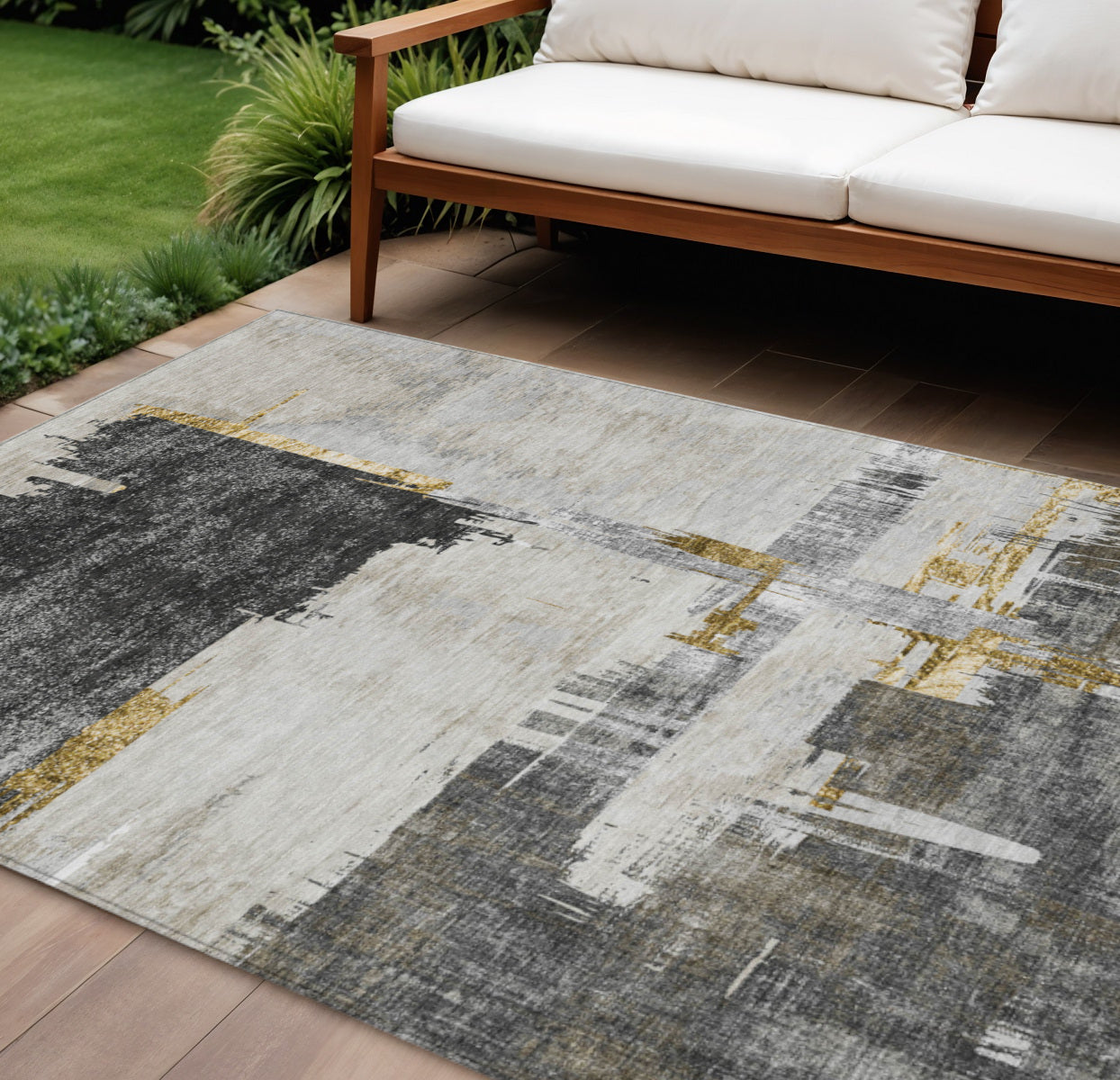 9 X 12 Gray And Tan Abstract Washable Indoor Outdoor Area Rug