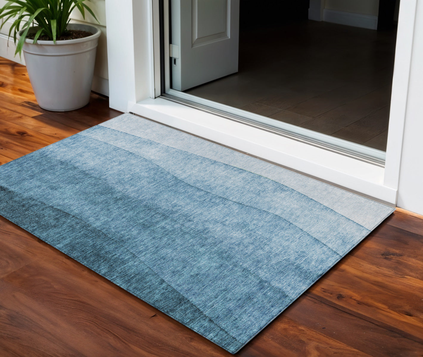 3 X 5 Denim Blue And Navy Blue Ombre Washable Indoor Outdoor Area Rug