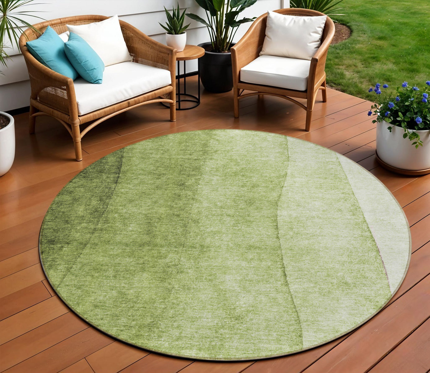 8 Olive Green And Artichoke Green Round Ombre Washable Indoor Outdoor Area Rug