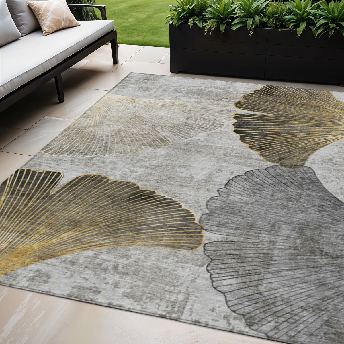 5 X 8 Gray Charcoal And Silver Floral Washable Indoor Outdoor Area Rug