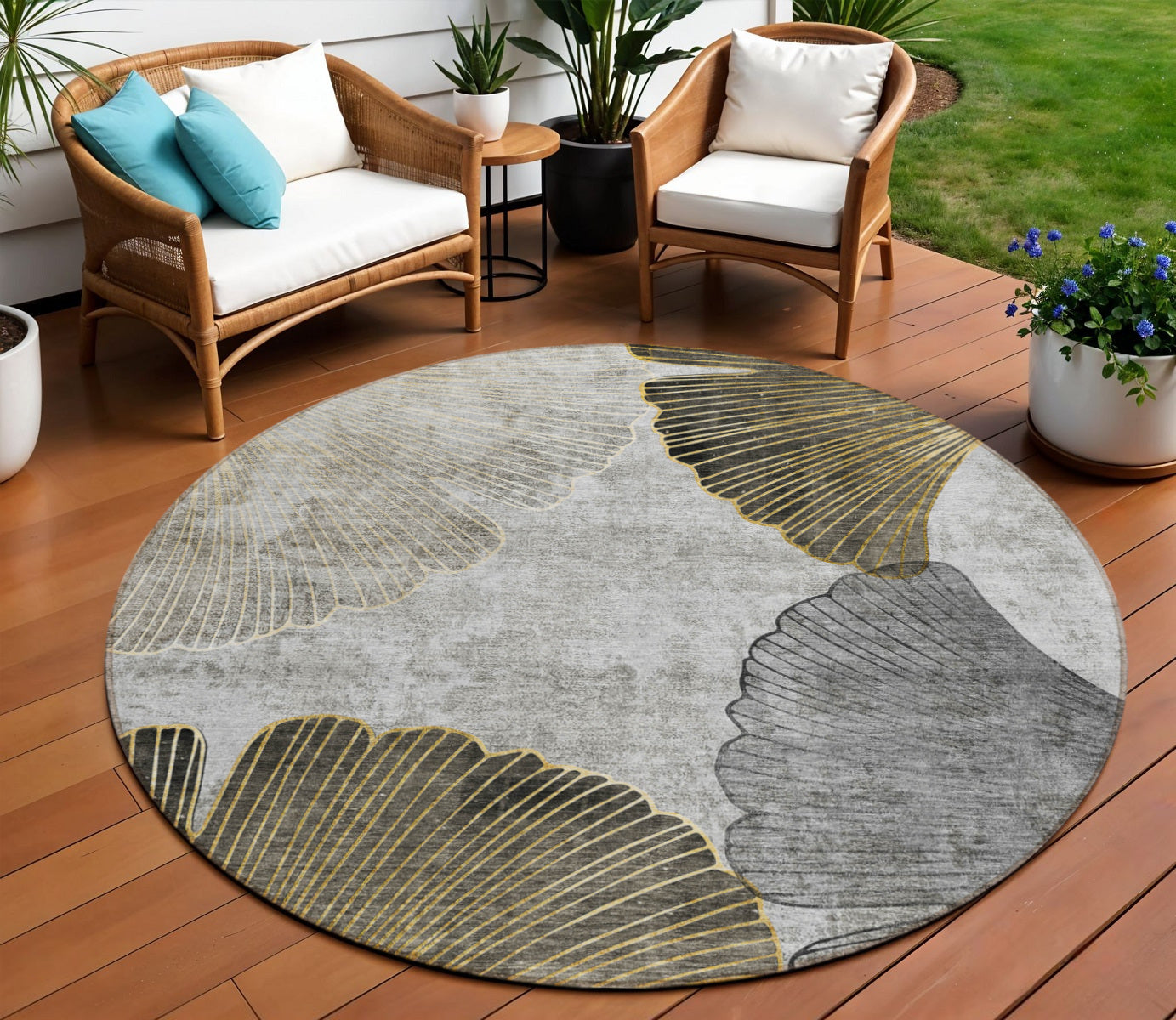 8 Gray Charcoal And Silver Round Floral Washable Indoor Outdoor Area Rug